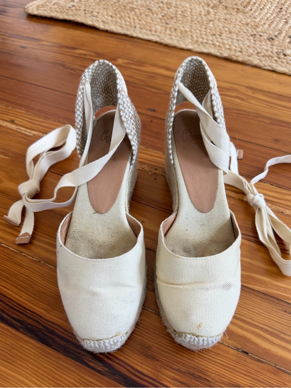Castaner Cream Canvas Espadrille Wedges with Ankle Ties
